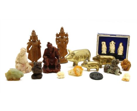 A mixed lot of Chinese, Japanese and Sino-Tibetan items to include , a gilt metal figure of a seared bodhisattva, 16cm high, 