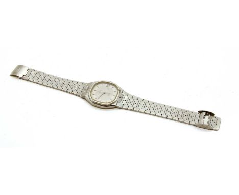 An Omega De Ville gents stainless steel quartz watch , the silvered octagonal dial with baton hour markers and date aperture