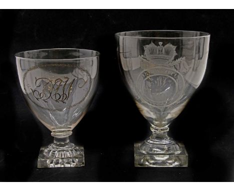 A Georgian glass rummer, c1800, engraved 'KING AND CONSTITUTION', raised on a square foot, 18.5cm high, together with another