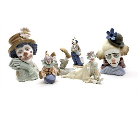 A collection of Lladro figures, to include Circus Sam, Clown, The Magic of Comedy, Melancholy, Clowns Head Bowler Hat, Having