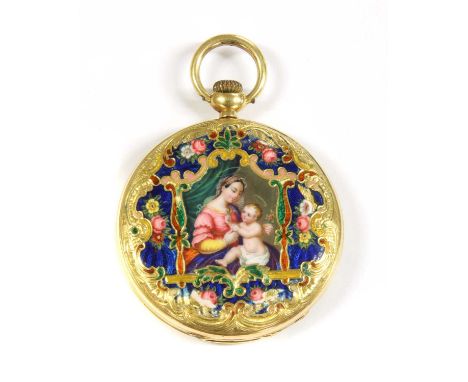 A gold enamelled top wind hunter fob watch, 41mm diameter, polychrome enamel portrait to cover and floral decoration verso, s