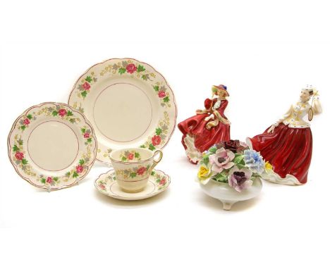 A quantity of collectibles to include Royal Doulton figures, a Grindley 'Creampetal' part service, cut glassware and a Pelham