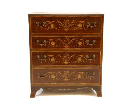 A George III inlaid mahogany secretaire chest, the moulded rectangular top over a secretaire drawer, the interior with drawer