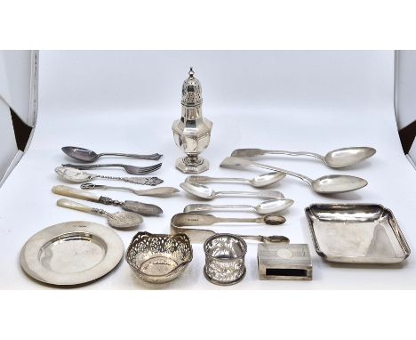 A collection of silver table ware items, to include; a small silver pierced basket, together with a pierced silver napkin, a 