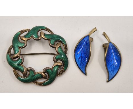 A pair of Danish blue cloisonne enamel sterling silver clip earrings, by&nbsp;David Anderson, each fashioned as a stylised le