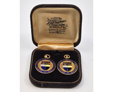 Football Interest: Two Surrey County Football Association 9ct. gold and enamel fob medals; Senior League Cup Winners 1938-39 
