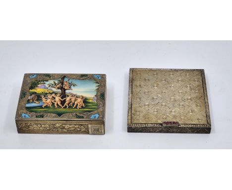 An Italian silver-gilt and enamel decorated rectangular combination compact and lipstick,&nbsp;the hinged lid with mirror to 