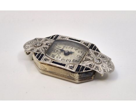An Art Deco Hope white metal, diamond and sapphire set cocktail watch,&nbsp;manual movement, having cusion haped Arabic numer
