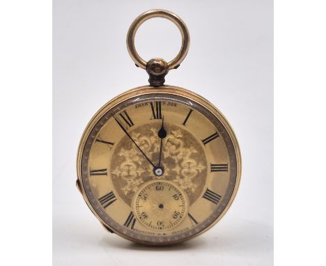 An 18ct. gold Shaw &amp; Son open face pocket watch,&nbsp;key wind, having gold dial engraved flowers to centre with engine t