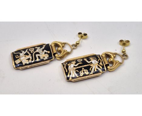 A pair of Central American precious yellow metal drop earrings, having polychrome cloisonne and guilloche enamel designs to e