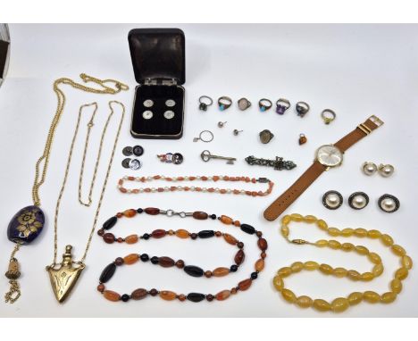 Two hardstone bead necklaces, together with a Desta Ultra Flat gold plated gentleman's wrist watch, manual movement, in worki