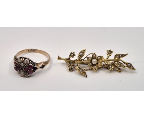 A late 19th century 15ct. gold, ruby and diamond ring, having hexagonal mount pave set two clusters of three old-cut diamonds