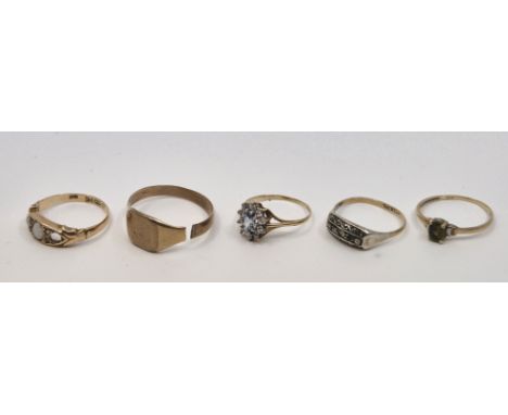 A 9ct. gold, opal and clear paste ring, lacking one opal, (gross weight (2.1g), together with a 9ct. gold signet ring shank c