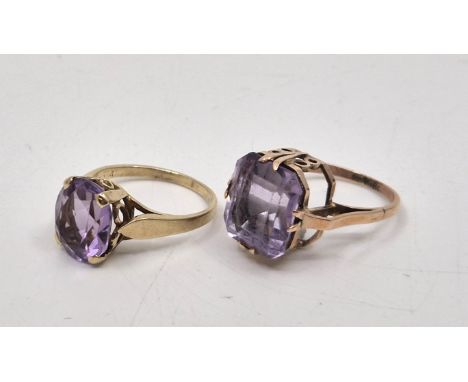 A 9ct. gold and amethyst dress ring, set rectangular cut amethyst, size UK L 1/2. (gross weight 3.8g), together with a&nbsp;9
