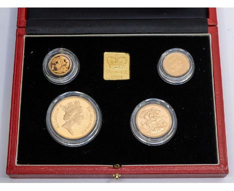 An Elizabeth II 1991 four coin gold proof sovereign set, PGS14, five pounds to half-sovereign, in capsules and Royal Mint cas