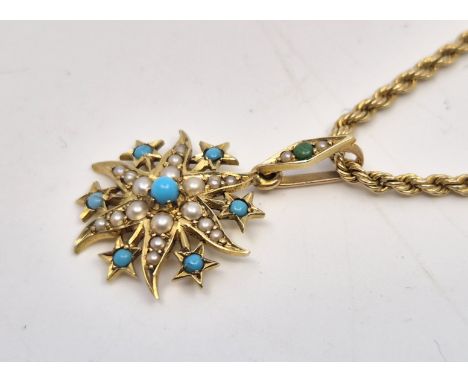 A 15ct. gold, turquoise and seed pearl star form pendant,&nbsp;diameter 17mm (gross weight 1.7g), suspended from a 9ct. gold 