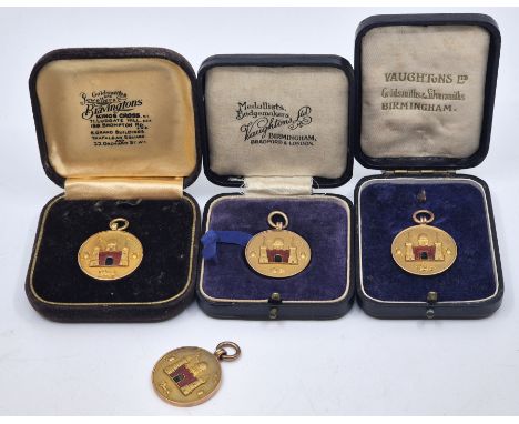 Football Interest: Four Surrey County Football Association 9ct. gold and enamel football fob medals, two Senior Charity Shiel