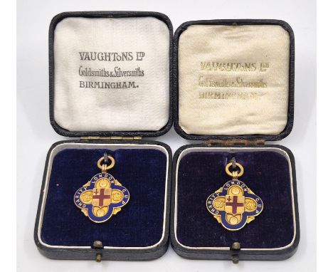 Football Interest: Two London Charity Cup 9ct. gold and enamel football medals, both of quatrefoil form, verso engraved "1931