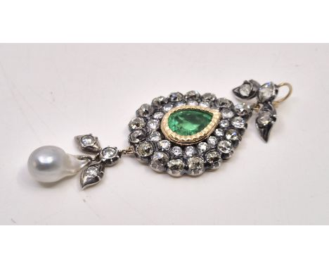 A yellow and white metal emerald, diamond and cultured pearl pendant, having bail set three old European cut diamonds above l