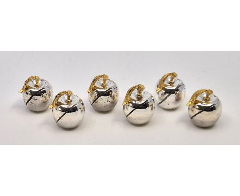 A set of six white and yellow metal plated novelty "Apple" place card holders,&nbsp;with cards, in Garrard fitted box.