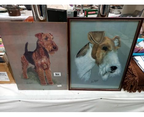 2 vintage prints of a Terrier dog by Brian Hupfield, glass A/F