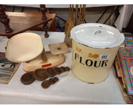 A vintage enamel flour bin &amp; Harper kitchen scales