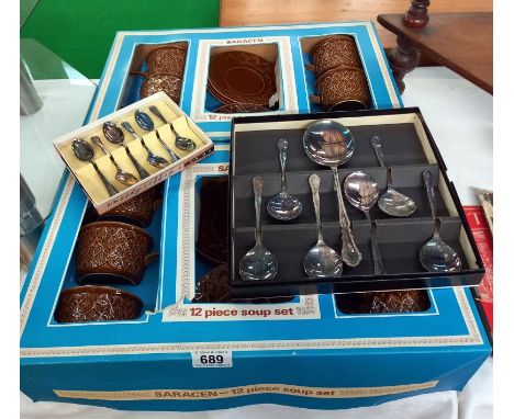 2 Saracen vintage boxed 12 piece soup sets (1 missing 1 bowl) &amp; 2 lots of boxed spoons