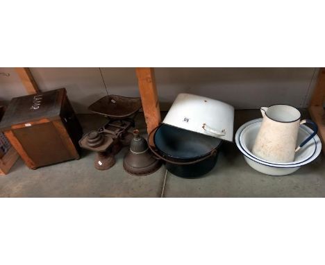 A good lot of enamel bowls, jug, scales etc