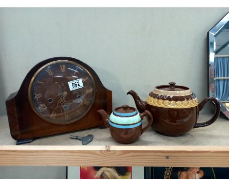 A Smiths Enfield mantle clock and key and 2 teapots including Sadler