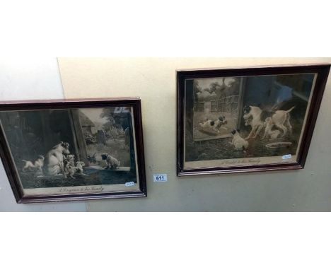 2 framed and glazed prints of terrier and her pups, 'A disgrace to his family' and 'A credit to his family'