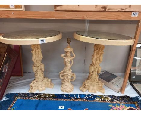 A pair of classical style resin tables with glass tops (1 glass chipped) and similar style lamp. Height 49cm, diameter 44cm C