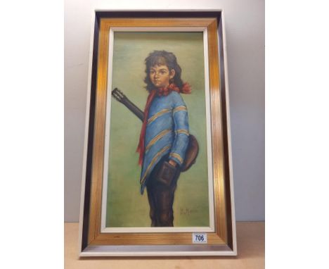 A vintage painting on canvas of a youngster with guitar