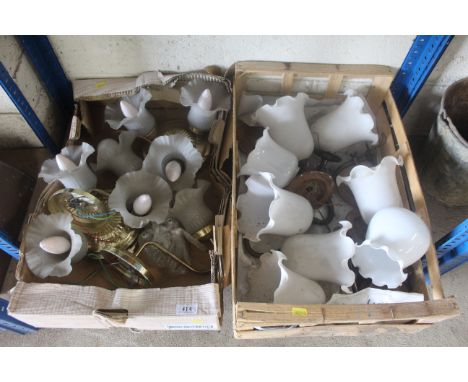 Two trays of vintage wall light fittings and shades