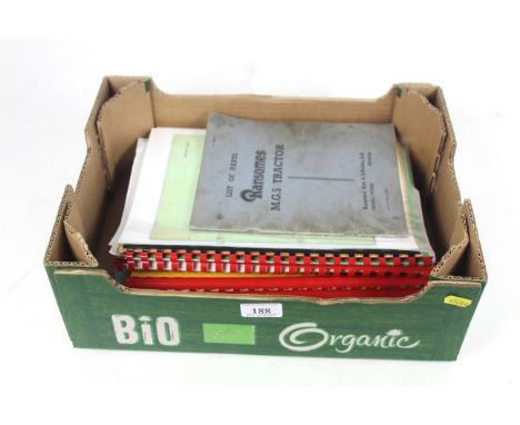 A box containing Ransomes MG5 tractor / crawler list of parts, Ransomes MG2 maintenance instructions &amp; Howard 350 rotavat