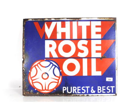 An enamel double sided advertising sign for "White Rose Oil", approx. 21¾" x 18"