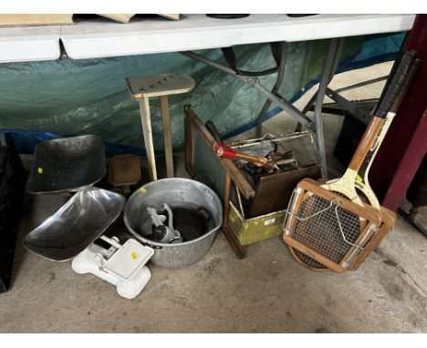 A quantity of kitchen items including mincer, small wooden shelf, jam pan, vintage iron kettle, glue pot etc, Two vintage ten