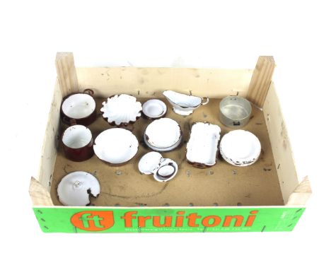 A quantity of dolls house enamel cooking items 
