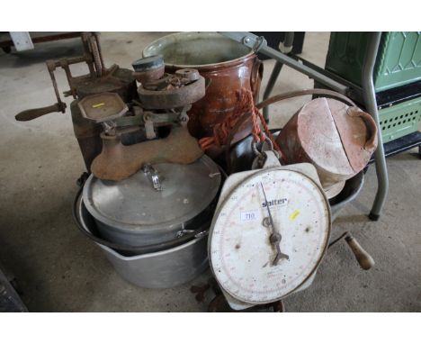 A quantity of kitchen items including scales, jam pans, Salter scales etc.