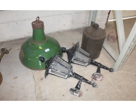 A green enamel light shade, a pair of wall mounting carriage style outside wall lights and an oil can