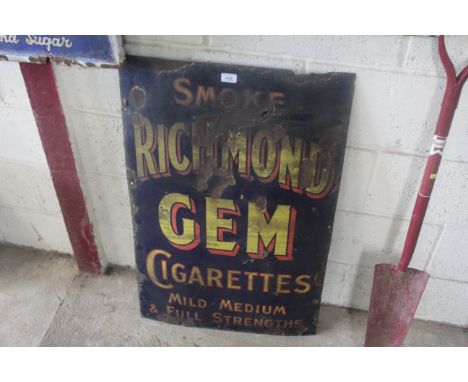 A "Smoke Richmond Gem Cigarettes" enamel sign, approx. 36" x 24"