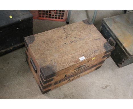 A metal bound wooden trunk / tuck box named to Lowther Pinkerton