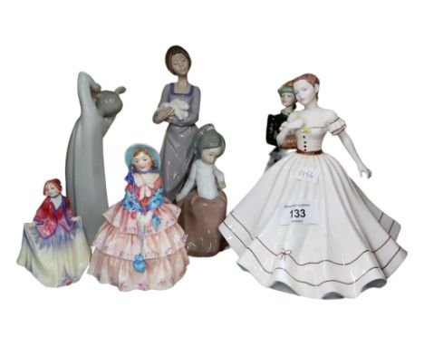 7 VARIOUS CHINA FIGURES, DOULTON, COALPORT, NAO ETC 