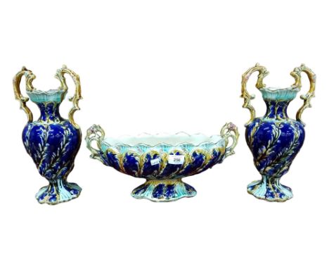 PAIR MAJOLICA STYLE VASES &amp; PLANTER 