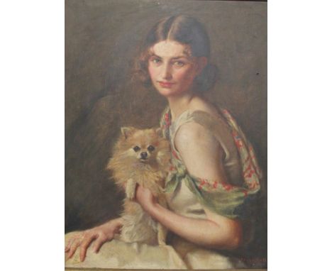 PEGGY BELL R.S.P.P.: Oil on canvas depicting a portrait of Miss Qwenith Bell and dog, signed lower right, 75cm x 59cm, galler