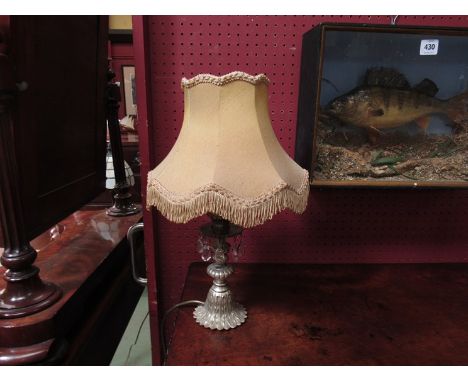 A classical design metal table lamp base with crystal droplets, cream frilled shade