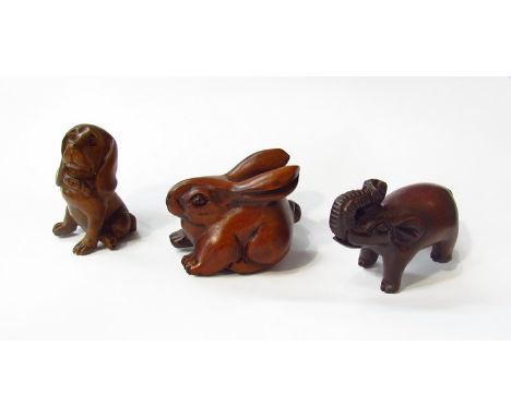 Three netsuke figures, rabbit, dog and elephant 