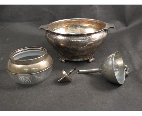 A silver plated twin handled bowl, a wine funnel, silver rimmed pot etc