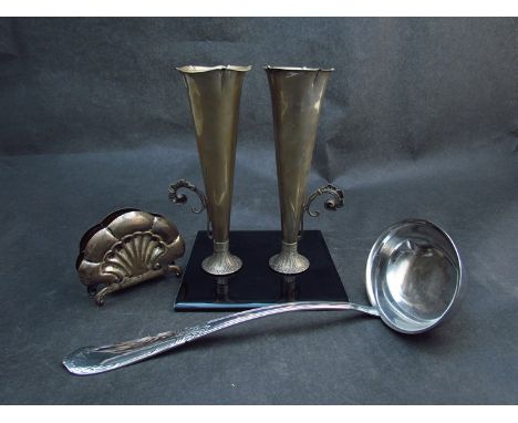 A plated ladle, spill vases and letter rack