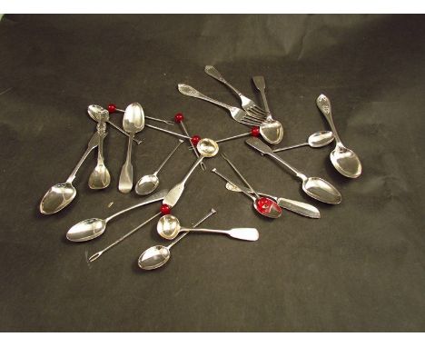A small quantity of silver flatware including six plate forks with cherry amber finials, teaspoons etc