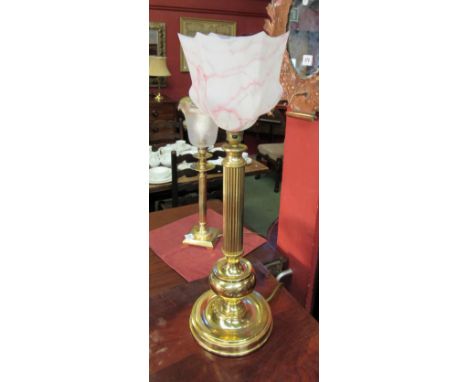 A brass column lamp with mottled glass shade 
